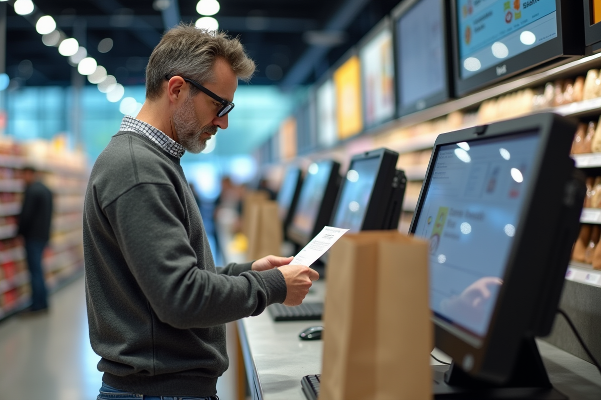 Homme acheteur utilisant une caisse automatique en magasin