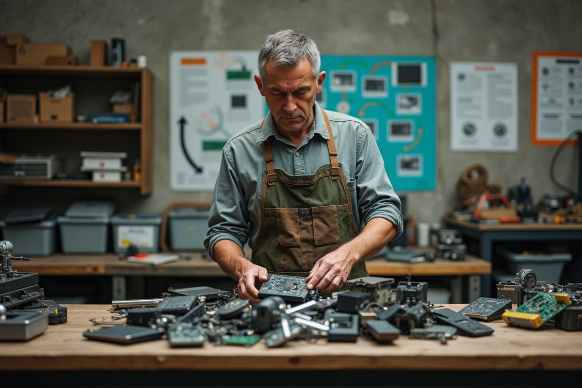 Artisan examinant des déchets électroniques dans un atelier de recyclage
