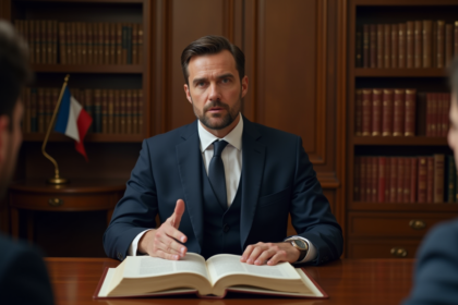 Avocat français en costume dans son bureau de droit
