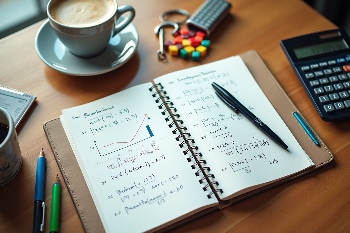 Espace de travail avec formule statistique et café