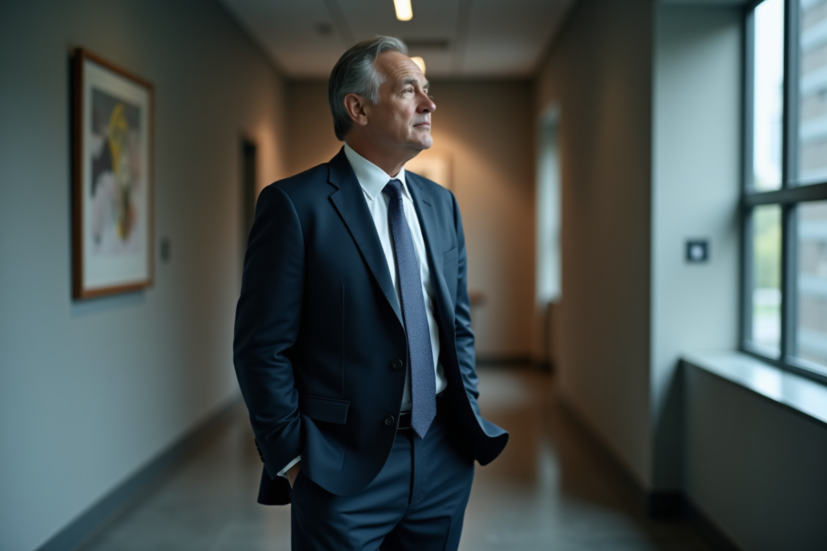 Cadre dirigeant en costume dans un couloir d office désert