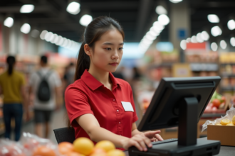 Jeune caissière en supermarché en train de scanner des produits