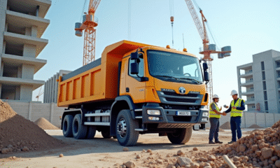 Camion polybenne moderne chargé de débris de construction sur un chantier