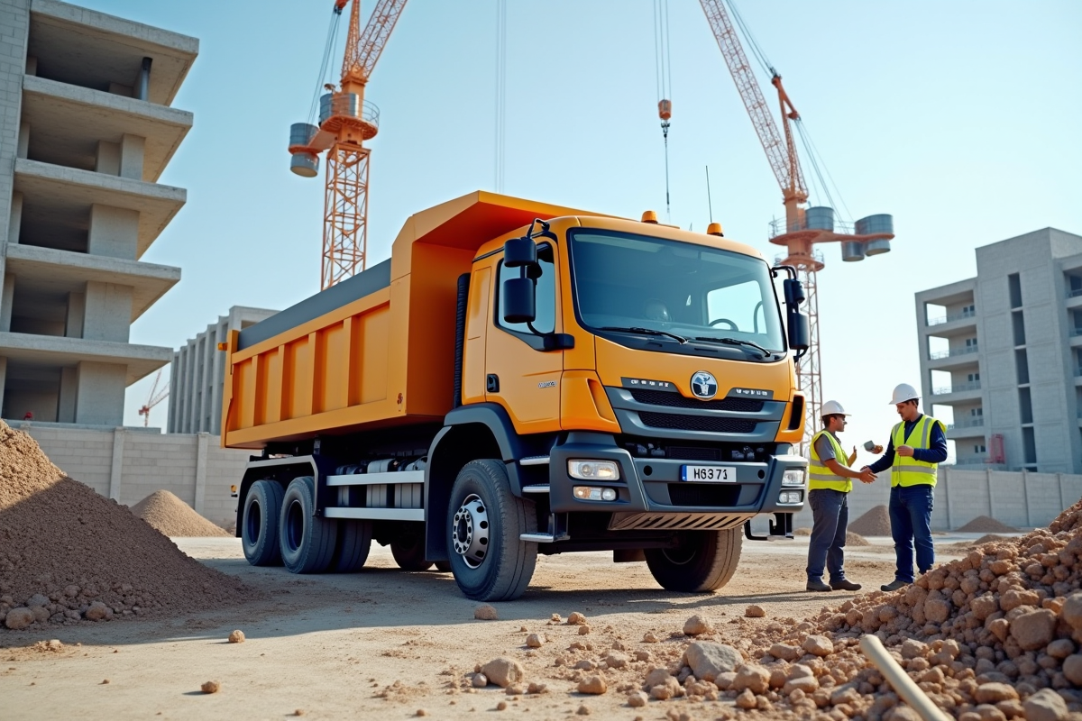 Camion polybenne moderne chargé de débris de construction sur un chantier