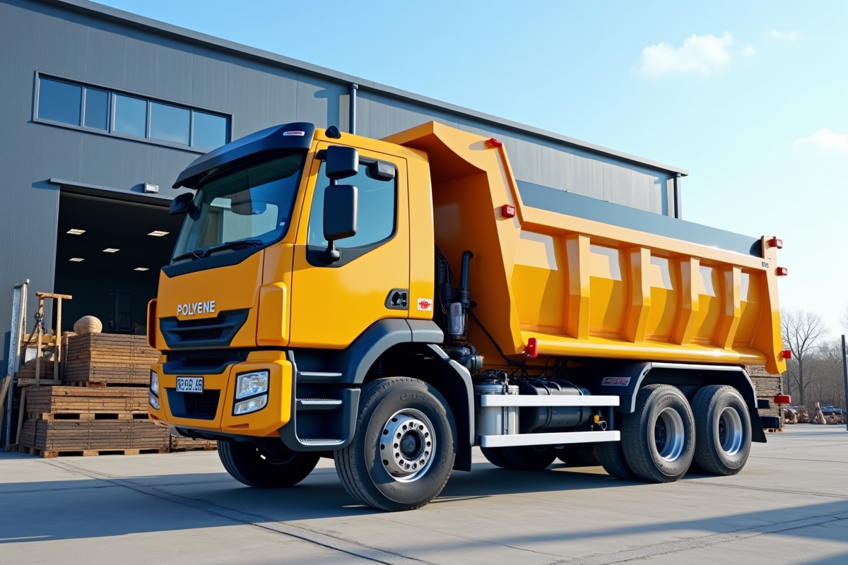 Camion polybenne stationné devant un entrepôt de matériaux de construction