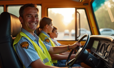Conducteur d'autobus souriant au volant le matin avec enfants