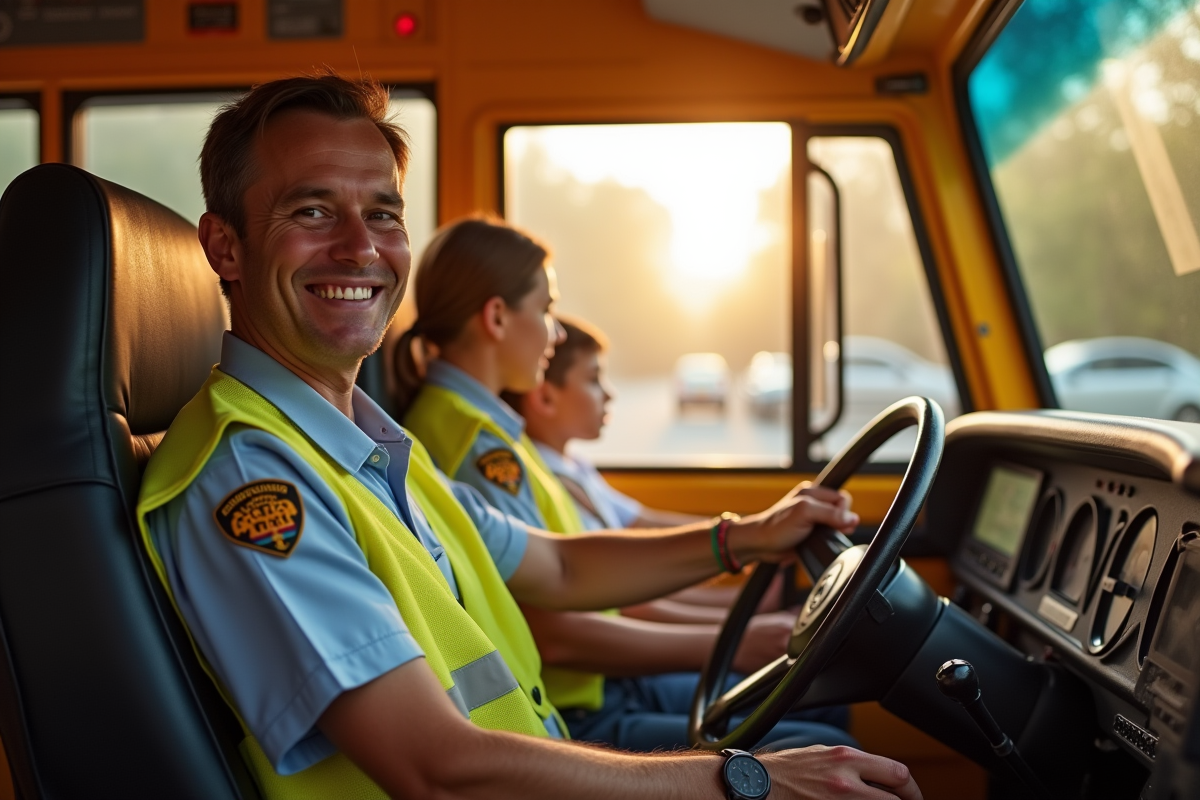 Conducteur d'autobus souriant au volant le matin avec enfants