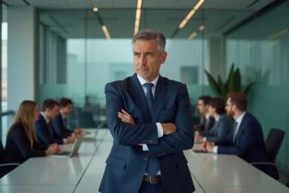 Delegue homme en costume navy fache en conference