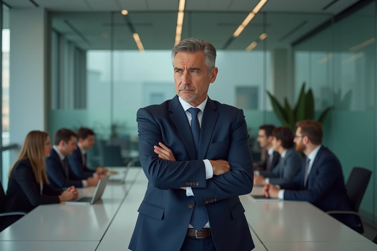 Delegue homme en costume navy fache en conference