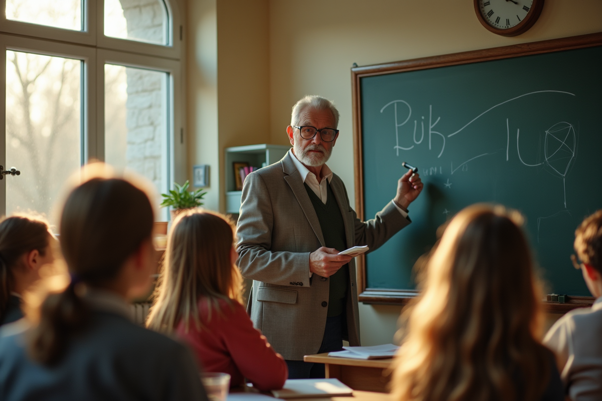 Vieux professeur dans une classe ensoleillee avec des eleves attentifs