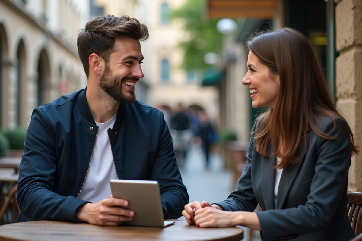 Jeune entrepreneur discutant dans un café en ville