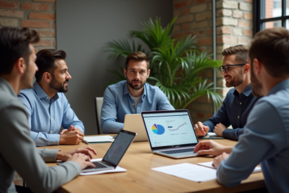 Groupe de professionnels discutant stratégies marketing digitales