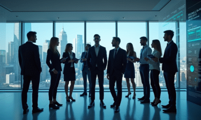 Groupe de professionnels dans un bureau futuriste avec vues sur la ville