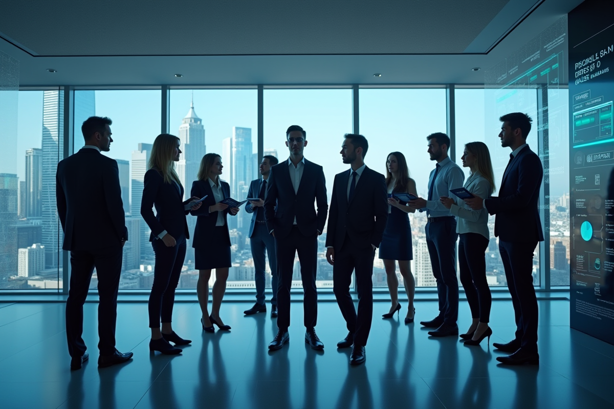 Groupe de professionnels dans un bureau futuriste avec vues sur la ville