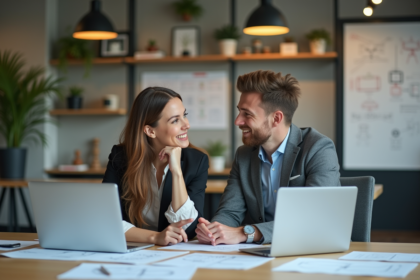 Deux professionnels en discussion dans un bureau moderne