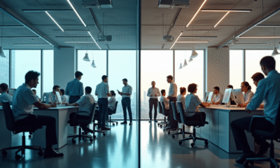 Espace de bureau moderne contrastant professionnels et ouvriers