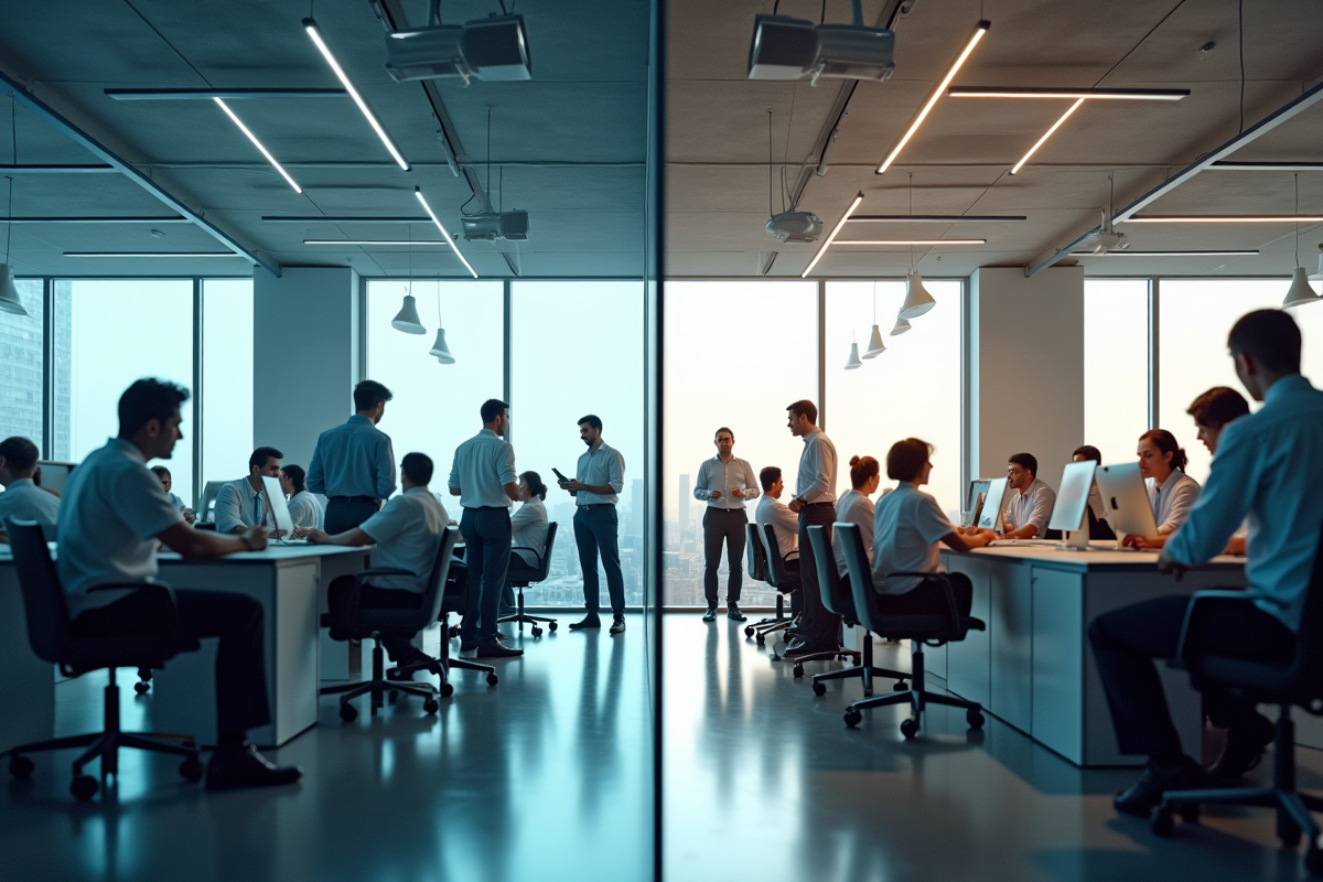 Espace de bureau moderne contrastant professionnels et ouvriers