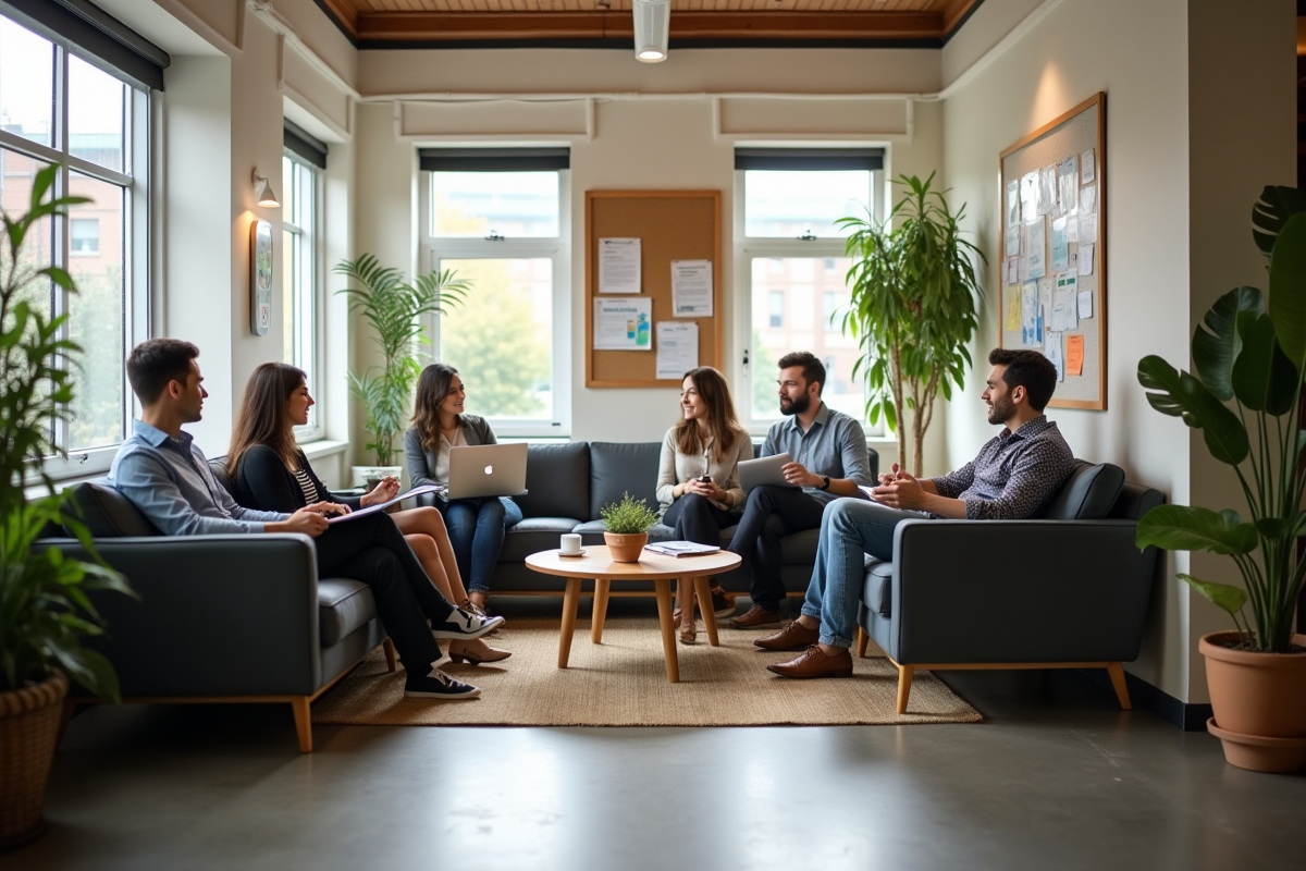 Collegues discutant dans un espace de repos de bureau