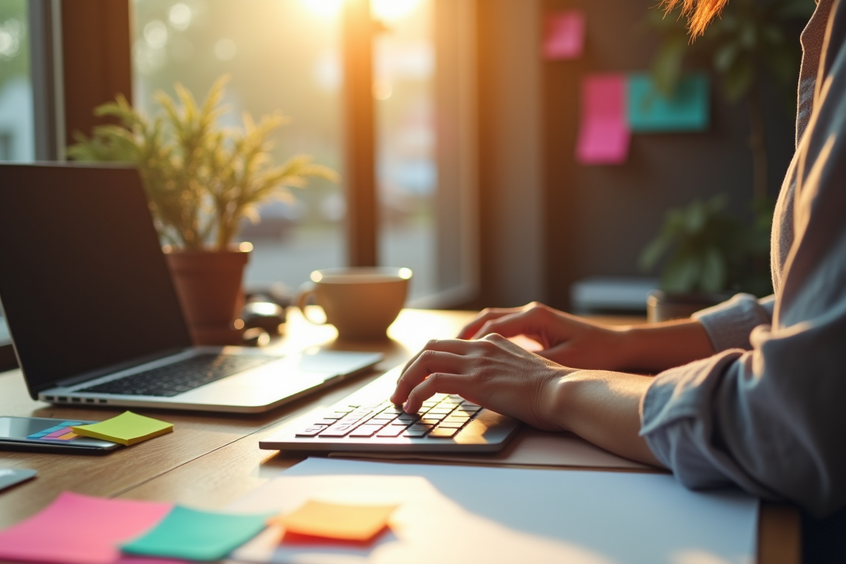 Espace de travail créatif avec ordinateur et notes colorées