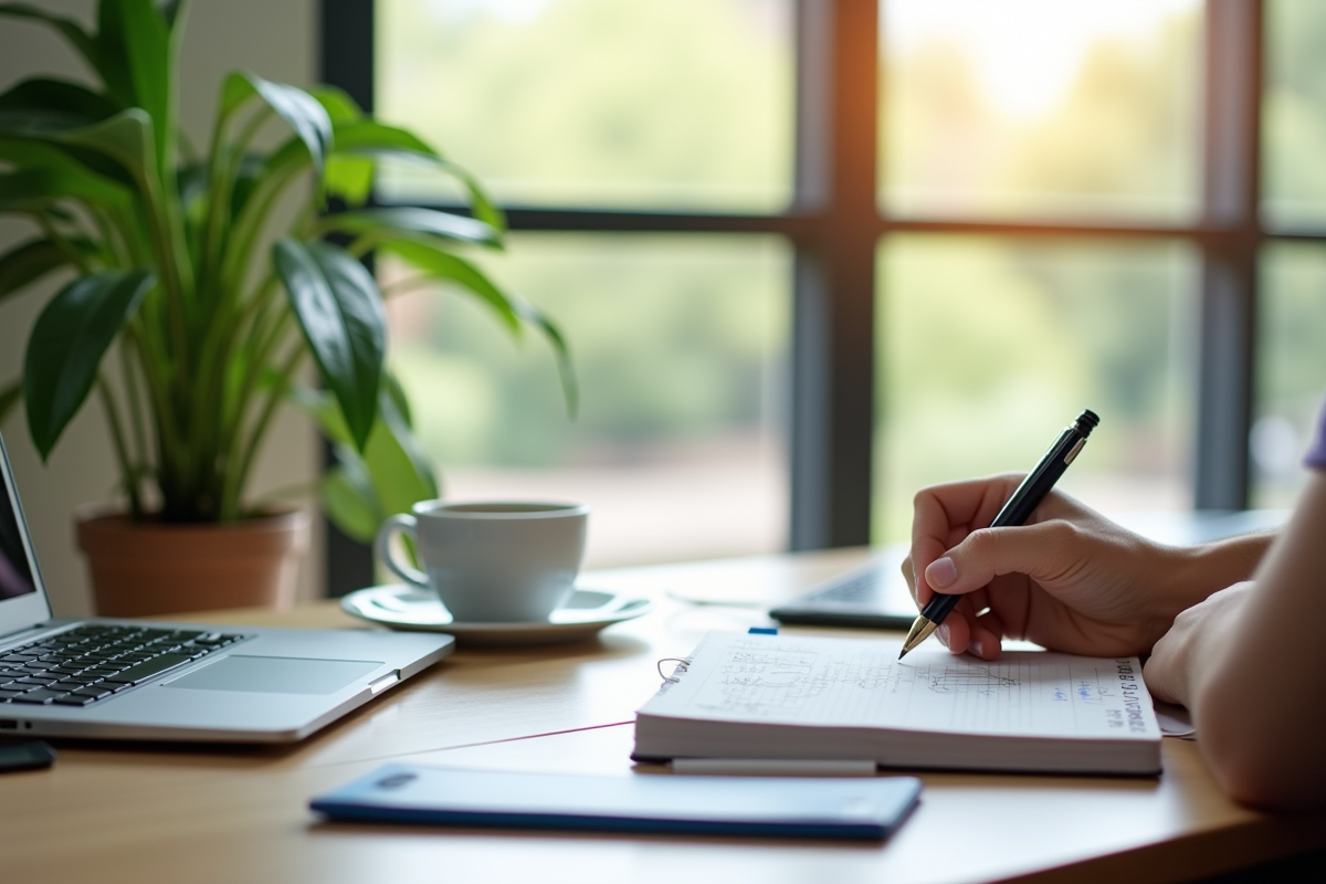 Espace de travail lumineux avec ordinateur et café