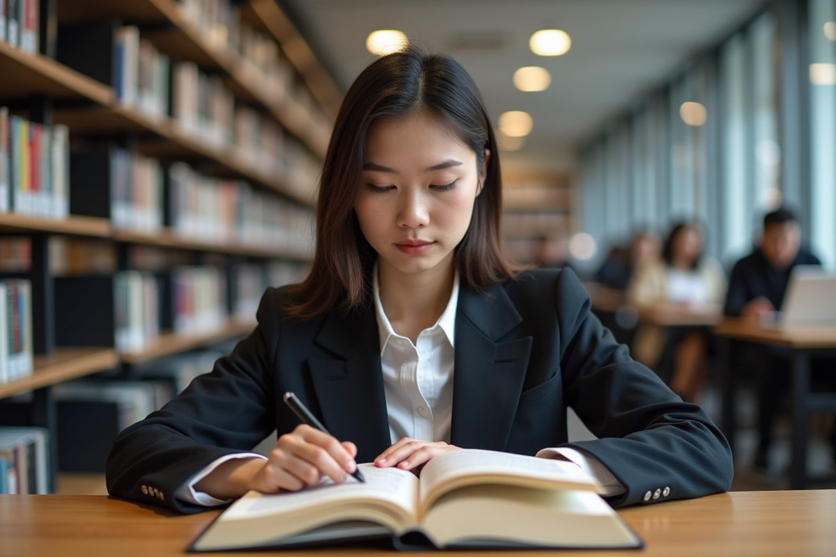 Jeune étudiante en droit lisant un Code civil