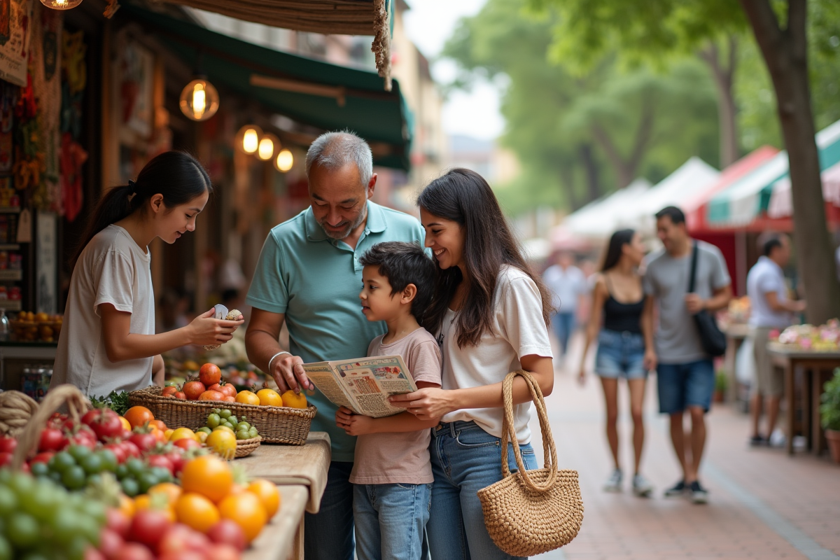 Famille au marché en plein air avec produits artisanaux
