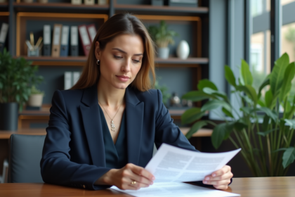 Femme d'affaires en navy lisant un contrat dans un bureau moderne