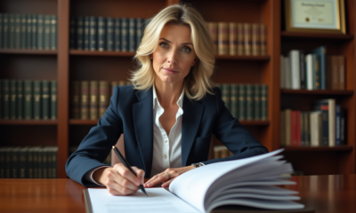 Femme d'affaires signant des documents juridiques dans son bureau