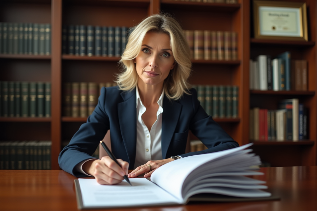 Femme d'affaires signant des documents juridiques dans son bureau