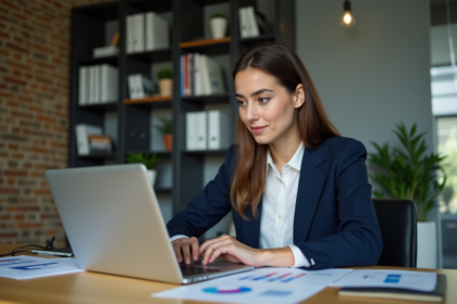 Jeune femme professionnelle analysant des graphiques au bureau