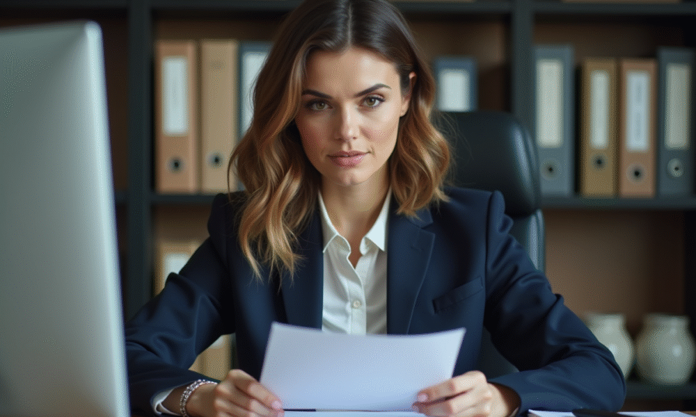 Femme en costume au bureau pour article administration