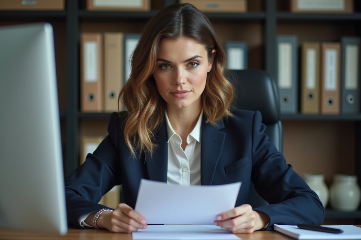 Femme en costume au bureau pour article administration