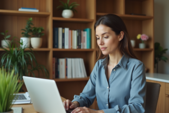 Femme d'affaires analysant des données sur son ordinateur portable