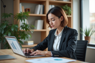 Femme en bureau moderne analysant des graphiques sur une tablette