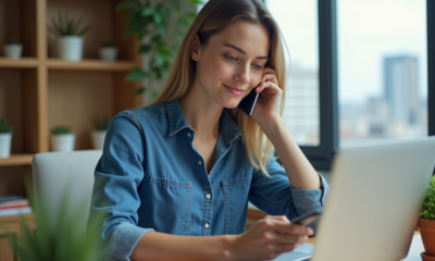 Jeune femme au bureau utilisant laptop et smartphone