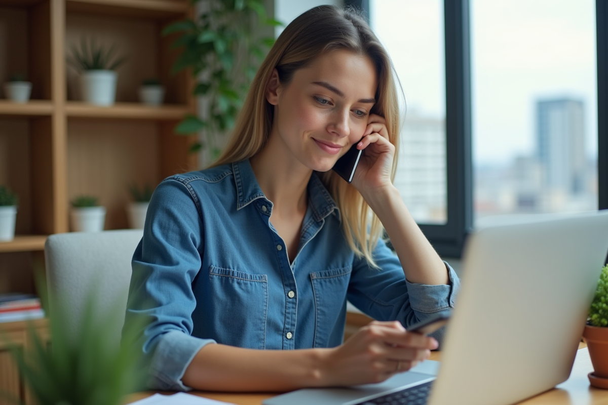 Jeune femme au bureau utilisant laptop et smartphone