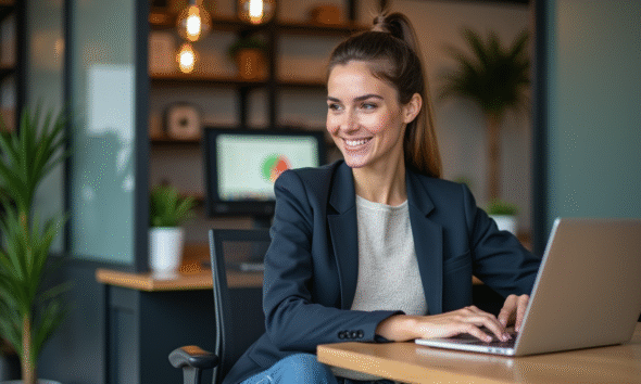 Jeune femme au bureau regardant son ordinateur portable
