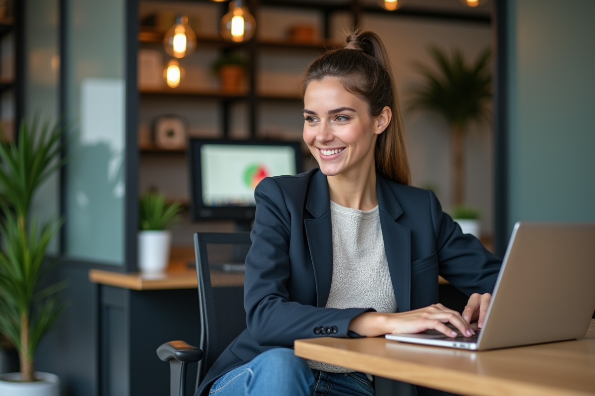 Jeune femme au bureau regardant son ordinateur portable