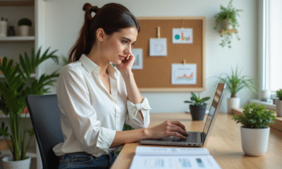 Jeune femme au bureau étudiant un rapport marketing