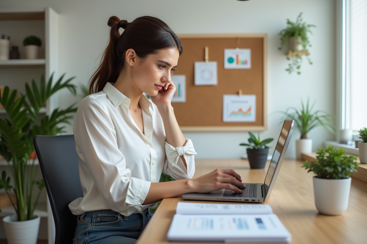 Jeune femme au bureau étudiant un rapport marketing