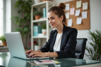 Femme en blazer travaillant sur son ordinateur dans un bureau lumineux