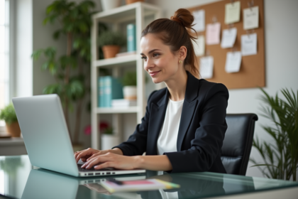Femme en blazer travaillant sur son ordinateur dans un bureau lumineux