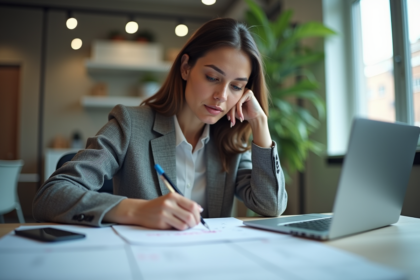 Femme en bureau moderne planifiant un projet