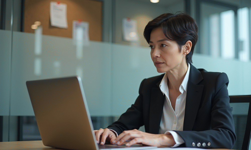 Femme d'âge moyen travaillant sur un ordinateur dans un bureau