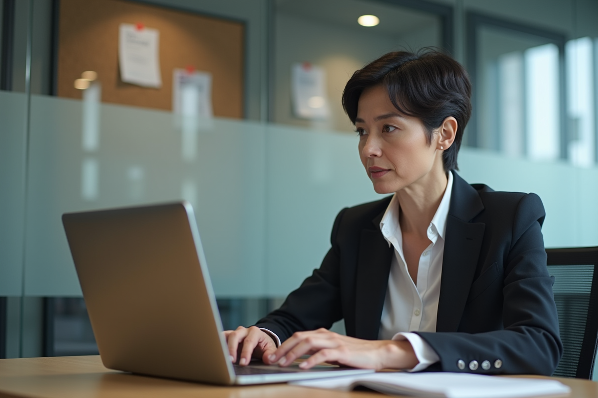 Femme d'âge moyen travaillant sur un ordinateur dans un bureau