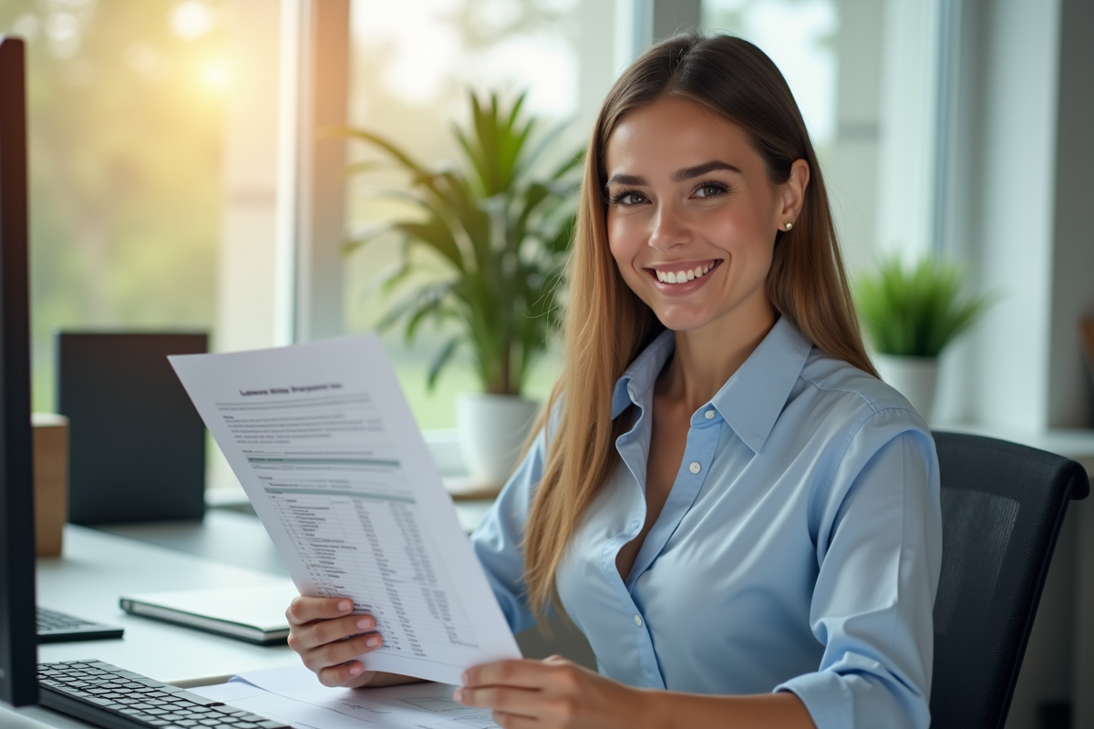 Femme confiante au bureau avec rapport salarial