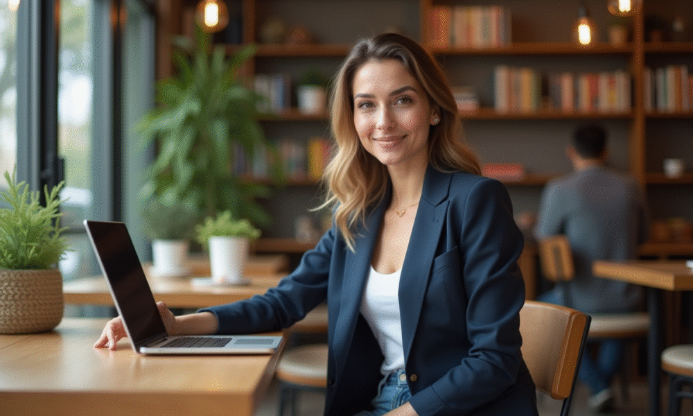 Femme confiante au café avec ordinateur portable