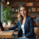 Femme confiante au café avec ordinateur portable