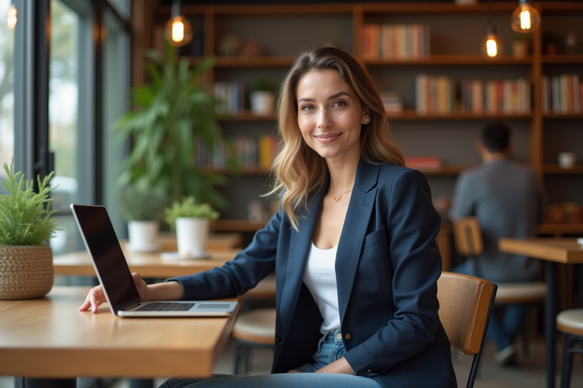 Femme confiante au café avec ordinateur portable