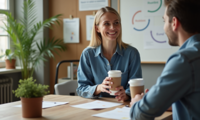 Femme en denim discutant avec un collègue dans un bureau moderne